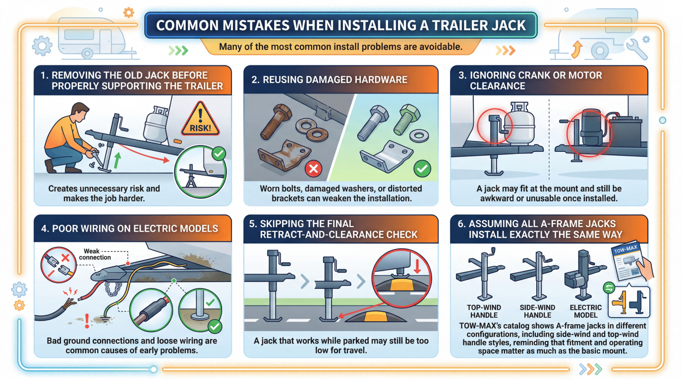 common mistakes when installing a trailer jack, including poor support, damaged hardware reuse, wiring errors, and skipped clearance checks